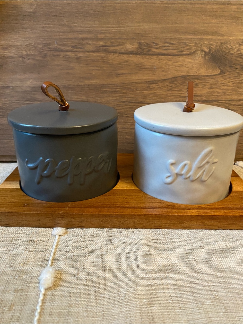 Mary & Martha 3-Piece Salt & Pepper Canisters leather pull tabs wooden tray